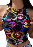 Women Summer Multicolor O-Neck Lip Print Short Crop Tank Tops
