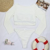 Women Beige Long Sleeve Sun-Protective Scoop Solid Two Piece Swimwear