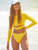 Women Yellow Long Sleeve Sun-Protective Scoop Solid Two Piece Swimwear