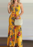 Women Summer Yellow Sexy Halter Sleeveless Floral Print Backless Holidays Long Dress