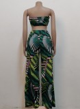 Women Summer Green Sexy Strapless Sleeveless Geometric Print Loose Two Piece Pants Set