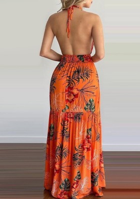 Women Summer Orange Sexy Halter Sleeveless Floral Print Backless Holidays Long Dress