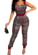 Women Summer Red Elegant Strap Sleeveless Plaid Print Full Length Regular Jumpsuit