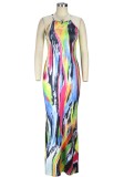 Women Summer Multicolor Sexy Halter Sleeveless Print Maxi Dress