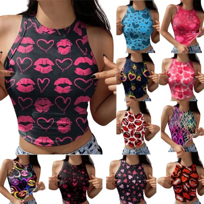 Women Summer Multicolor O-Neck Hearts Print Short Crop Tank Tops