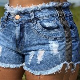 Women Summer Light Blue Straight High Waist Solid Ripped Denim Shorts