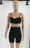 Women Summer Black Sexy Straps Sleeveless High Waist Solid Skinny Sports Two Piece Shorts Set