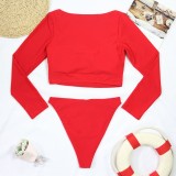 Women Red Long Sleeve Sun-Protective Scoop Solid Two Piece Swimwear