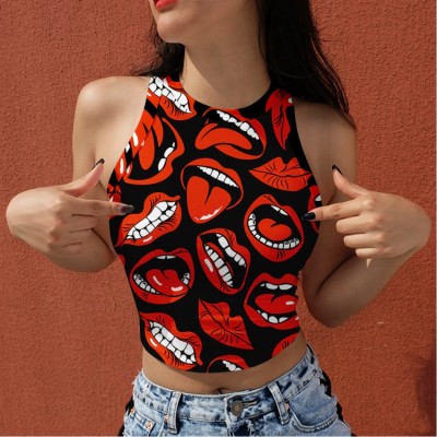 Women Summer Black O-Neck Lip Print Short Crop Tank Tops