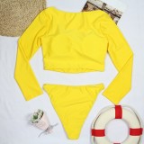 Women Yellow Long Sleeve Sun-Protective Scoop Solid Two Piece Swimwear