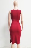 Women Summer Red Elegant O-Neck Sleeveless Solid Hollow Out Slit Midi Dress