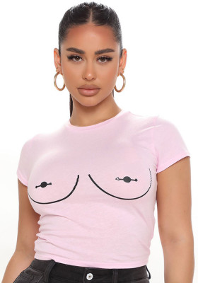 Women Summer Pink Sexy O-Neck Short Sleeves Printed Short T-Shirt