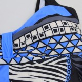Women Blue Straps V-Neck Geometric Print Backless One Piece Swimsuit