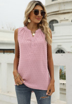 Women Summer Pink Casual V-neck Sleeveless Solid Chiffon Regular Loose Blouse
