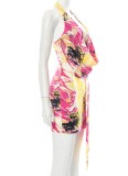 Women Summer Rose Sexy Halter Sleeveless Floral Print Backless Mini Bodycon Dress