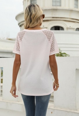 Women Summer Pink Casual V-neck Short Sleeves Solid Patchwork Regular Tops