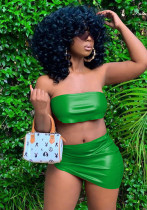 Women Summer Green Sexy Strapless Sleeveless Low Waist Solid Asymmetrical MiniTwo Piece Skirt Set