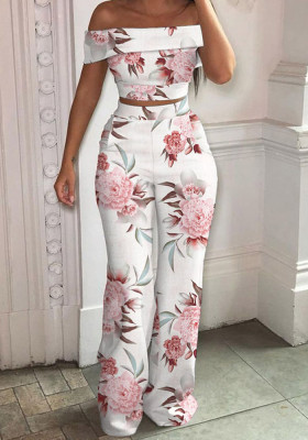 Women Summer Pink Elegant Off-the-shoulder Short Sleeves High Waist Floral Print Two Piece Wide Legged Pants Set