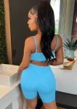 Women Summer Blue Sexy Straps Sleeveless High Waist Solid Skinny Sports Two Piece Shorts Set