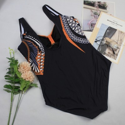 Women Orange Straps V-Neck Geometric Print Backless One Piece Swimsuit