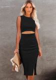 Women Summer Black Elegant O-Neck Sleeveless Solid Hollow Out Slit Midi Dress