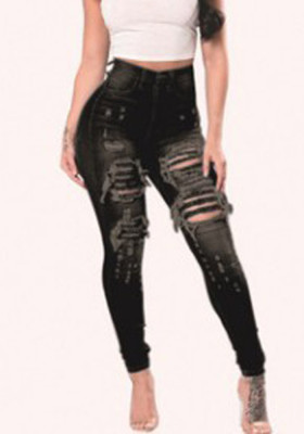 Women Spring Black Straight High Waist Solid Ripped Full Length Skinny Jeans Pants