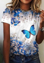 Women Summer Blue Casual O-Neck Short Sleeves Butterfly Print Regular T-Shirt