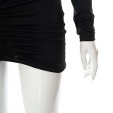 Women Spring Black Sexy Halter Full Sleeves Solid Backless Mini Sheath Club Dress