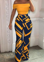 Women Summer Yellow Elegant Off-the-shoulder Short Sleeves High Waist Geometric Print Two Piece Wide Legged Pants Set