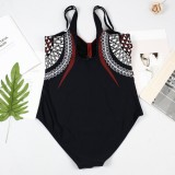 Women Burgunry Straps V-Neck Geometric Print Backless One Piece Swimsuit