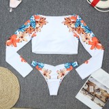 Women Orange Long Sleeve Sun-Protective Scoop Floral Print Two Piece Swimwear