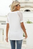 Women Summer White Casual V-neck Short Sleeves Solid Patchwork Regular Tops