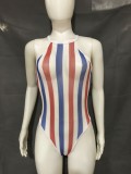 Women Summer White Sexy Halter Sleeveless Striped Print Sheer Bodysuit