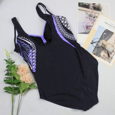 Women Purple Straps V-Neck Geometric Print Backless One Piece Swimsuit