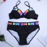 Women Black Bikini Straps Geometric Print Two Piece Swimwear