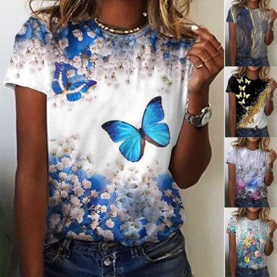 Women Summer Blue Casual O-Neck Short Sleeves Butterfly Print Regular T-Shirt
