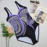 Women Purple Straps V-Neck Geometric Print Backless One Piece Swimsuit