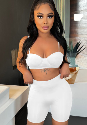 Women Summer White Sexy Straps Sleeveless High Waist Solid Skinny Sports Two Piece Shorts Set