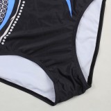 Women Blue Straps V-Neck Geometric Print Backless One Piece Swimsuit