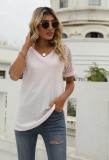 Women Summer Pink Casual V-neck Short Sleeves Solid Patchwork Regular Tops