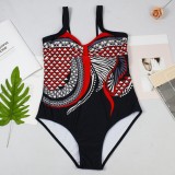 Women Red Straps V-Neck Geometric Print Backless One Piece Swimsuit