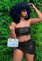 Women Summer Black Sexy Strapless Sleeveless Low Waist Solid PU Leather Asymmetrical MiniTwo Piece Skirt Set