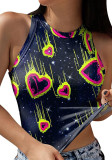 Women Summer Multicolor O-Neck Hearts Print Short Crop Tank Tops