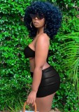 Women Summer Black Sexy Strapless Sleeveless Low Waist Solid PU Leather Asymmetrical MiniTwo Piece Skirt Set