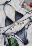 Women Black Bikini Halter Tie Dye Tassel Chain Two Piece Swimwear