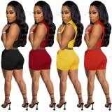 Women Spring Yellow Sexy Turtleneck Sleeveless Crop Top Letter Print Knit Two Piece Shorts Set