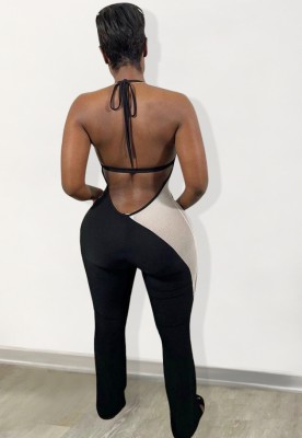 Women Summer Black Sexy Halter Sleeveless Color Blocking Skinny Jumpsuit