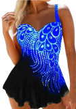 Women Blue Straps V-Neck Print Plus Size One Piece Swimwear