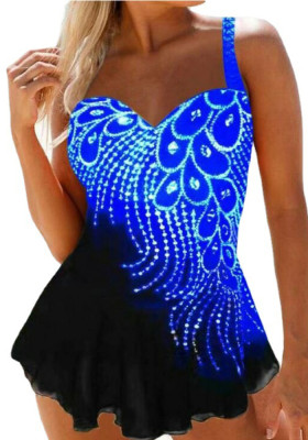 Women Blue Straps V-Neck Print Plus Size One Piece Swimwear