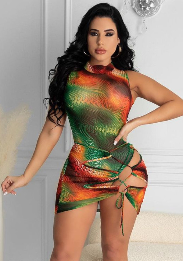 Women Summer Printed Sexy O-Neck Sleeveless Tie Dye Bodysuit Set